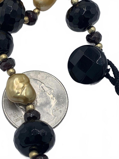 Onyx & Garnet with Natural Freshwater Pearl Beaded Necklace 46" Sterling Silver