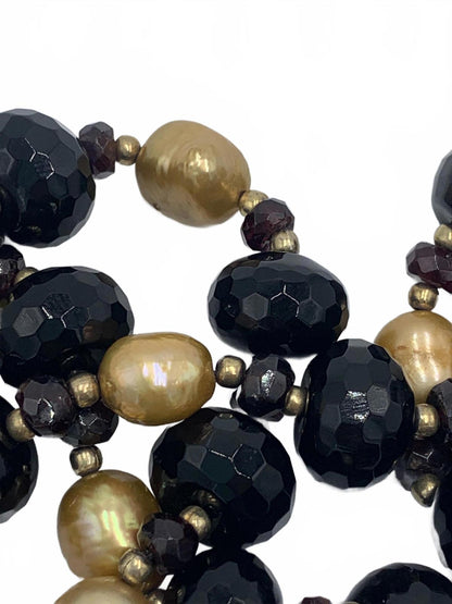 Onyx & Garnet with Natural Freshwater Pearl Beaded Necklace 46" Sterling Silver