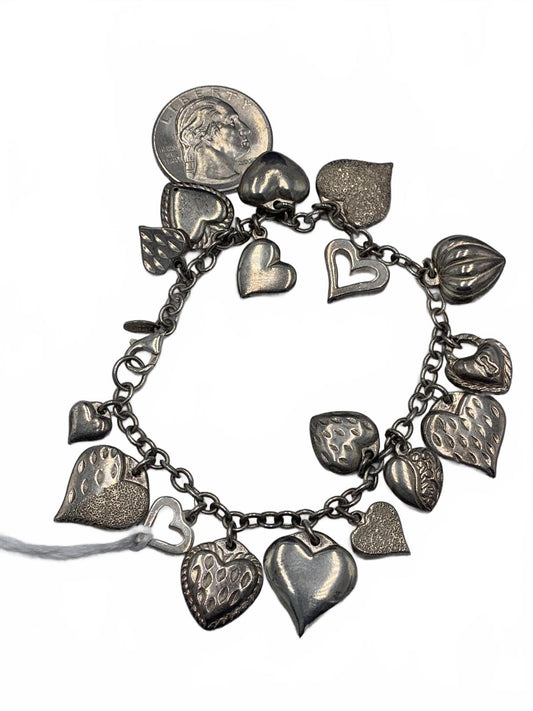 Jacmel Mauritius Puff Hearts and Locks-motif Sterling Silver Charm Bracelet