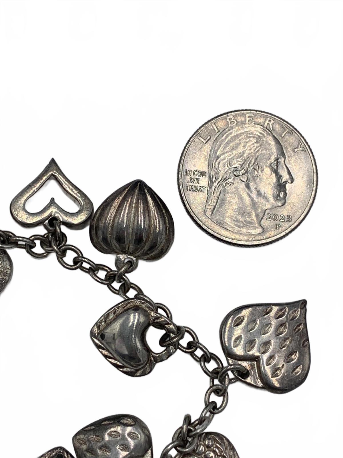 Jacmel Mauritius Puff Hearts and Locks-motif Sterling Silver Charm Bracelet