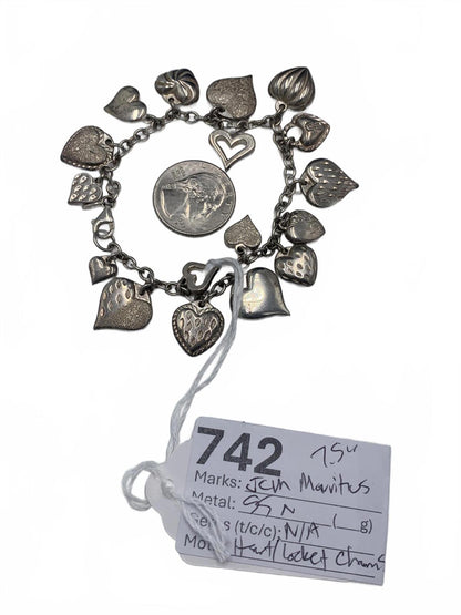 Jacmel Mauritius Puff Hearts and Locks-motif Sterling Silver Charm Bracelet
