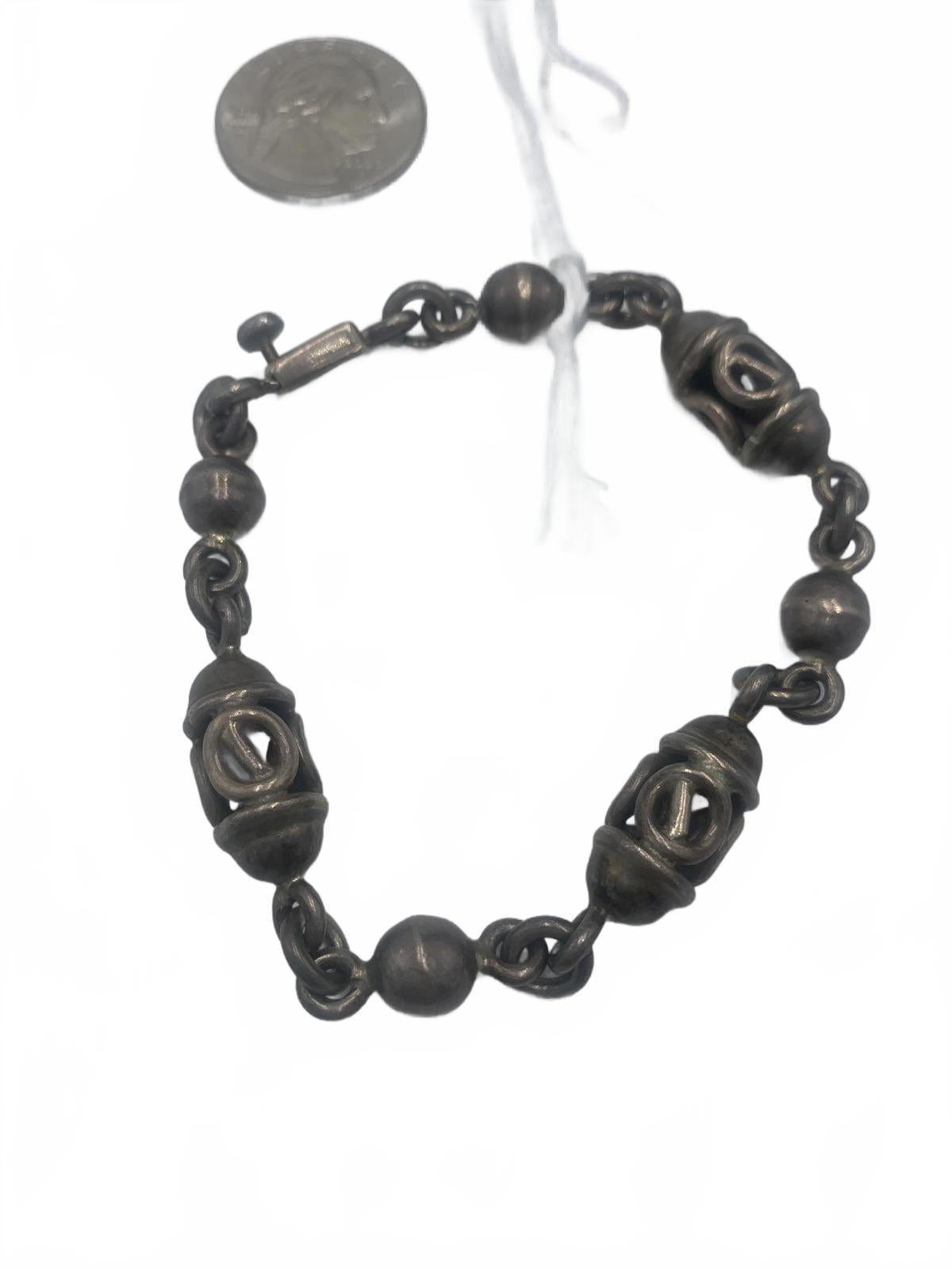 Taxco "TC 226" 925 Sterling Silver 26g Beaded 7" Open Link Bracelet