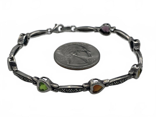 Sterling Silver Multi-Colored Glass Hearts & Marcasite Heart Links Bracelet