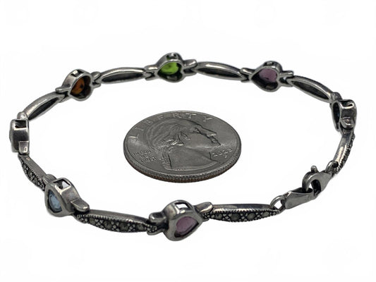 Sterling Silver Multi-Colored Glass Hearts & Marcasite Heart Links Bracelet