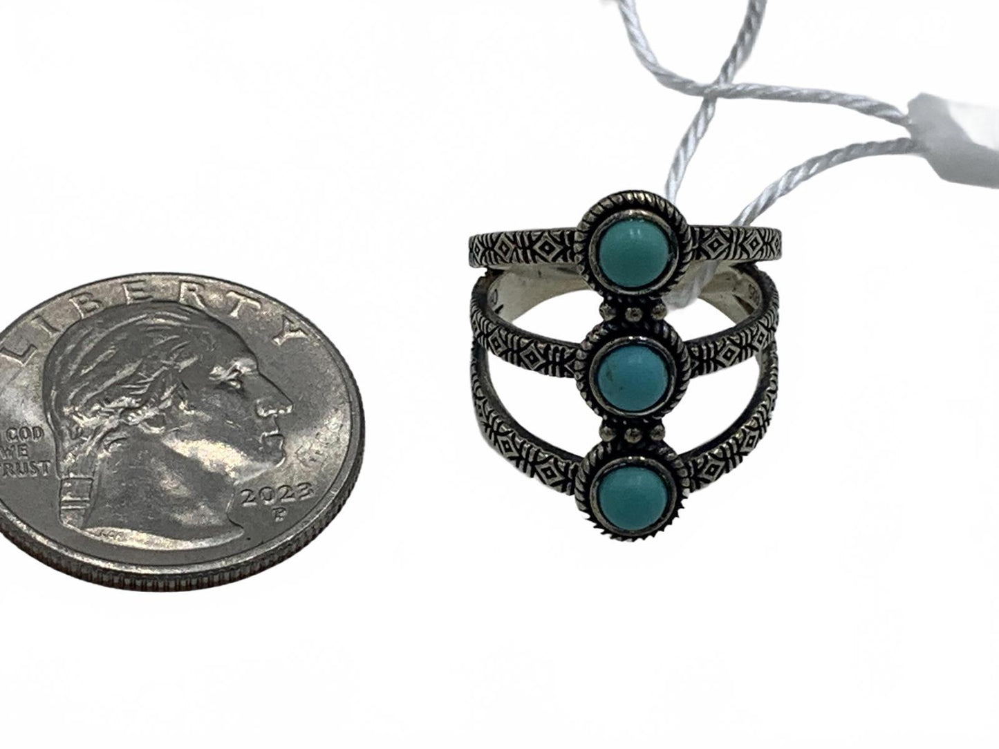 Felicia Design "FD" Sterling Silver 4.9g Turquoise Native/Engraved 5.5 Ring