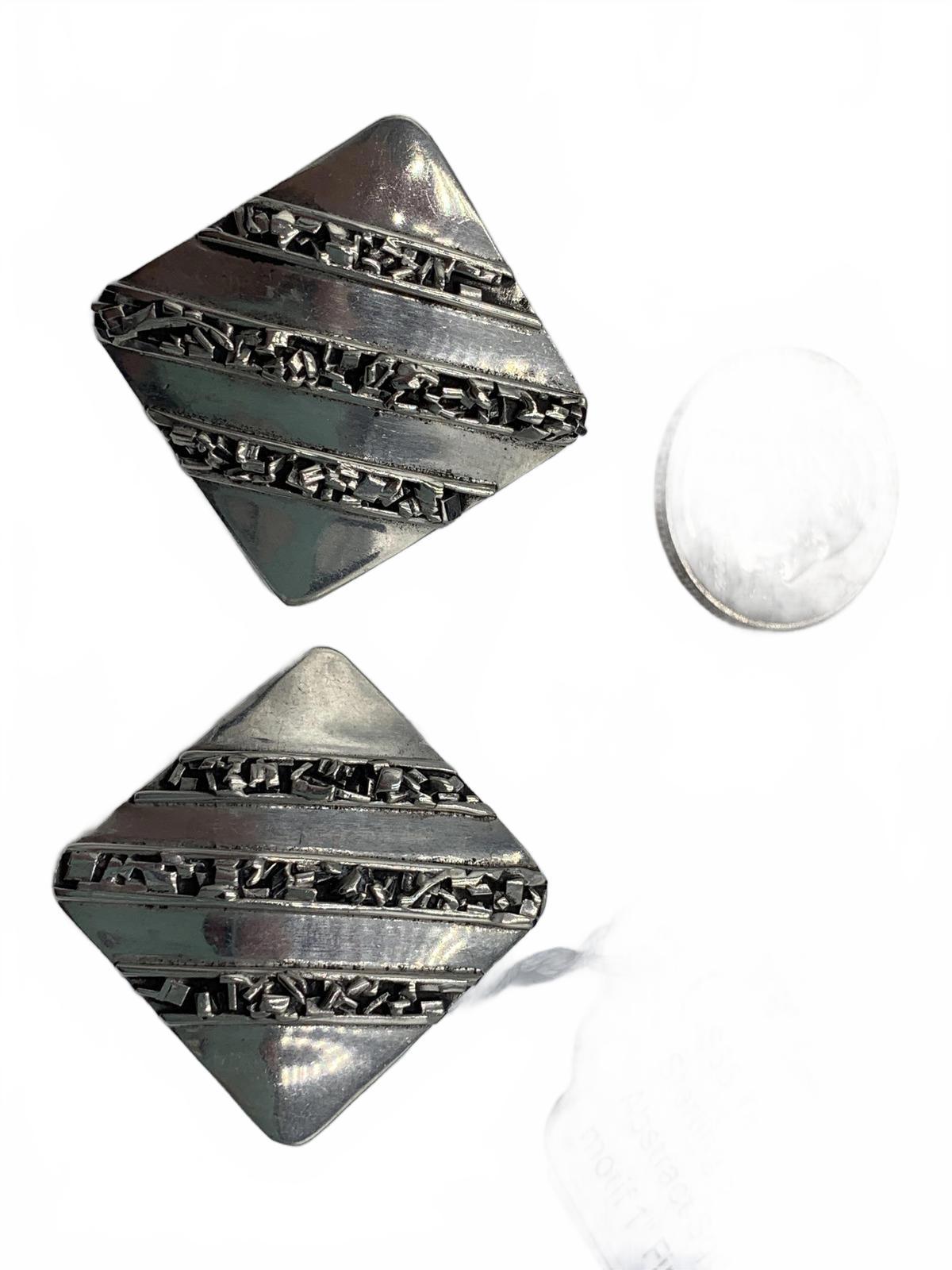 Taxco Sterling Silver 21g Abstract Squares and Stripes 1" Fine Clip-On Earrings