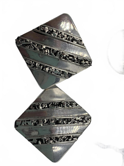 Taxco Sterling Silver 21g Abstract Squares and Stripes 1" Fine Clip-On Earrings