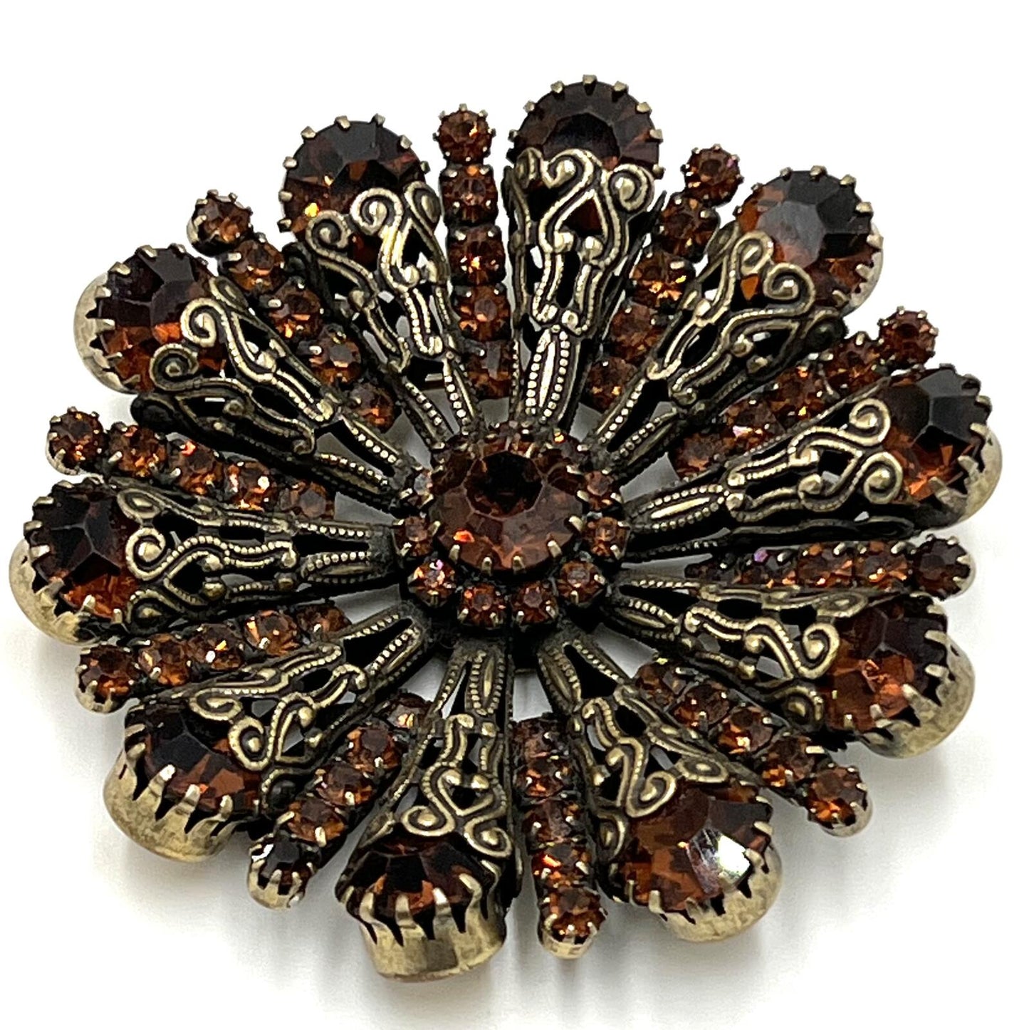 Unsigned Vendome Goldtone Copper Rhinestone Radial/Sunburst Filigree Brooch