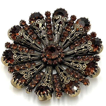 Unsigned Vendome Goldtone Copper Rhinestone Radial/Sunburst Filigree Brooch