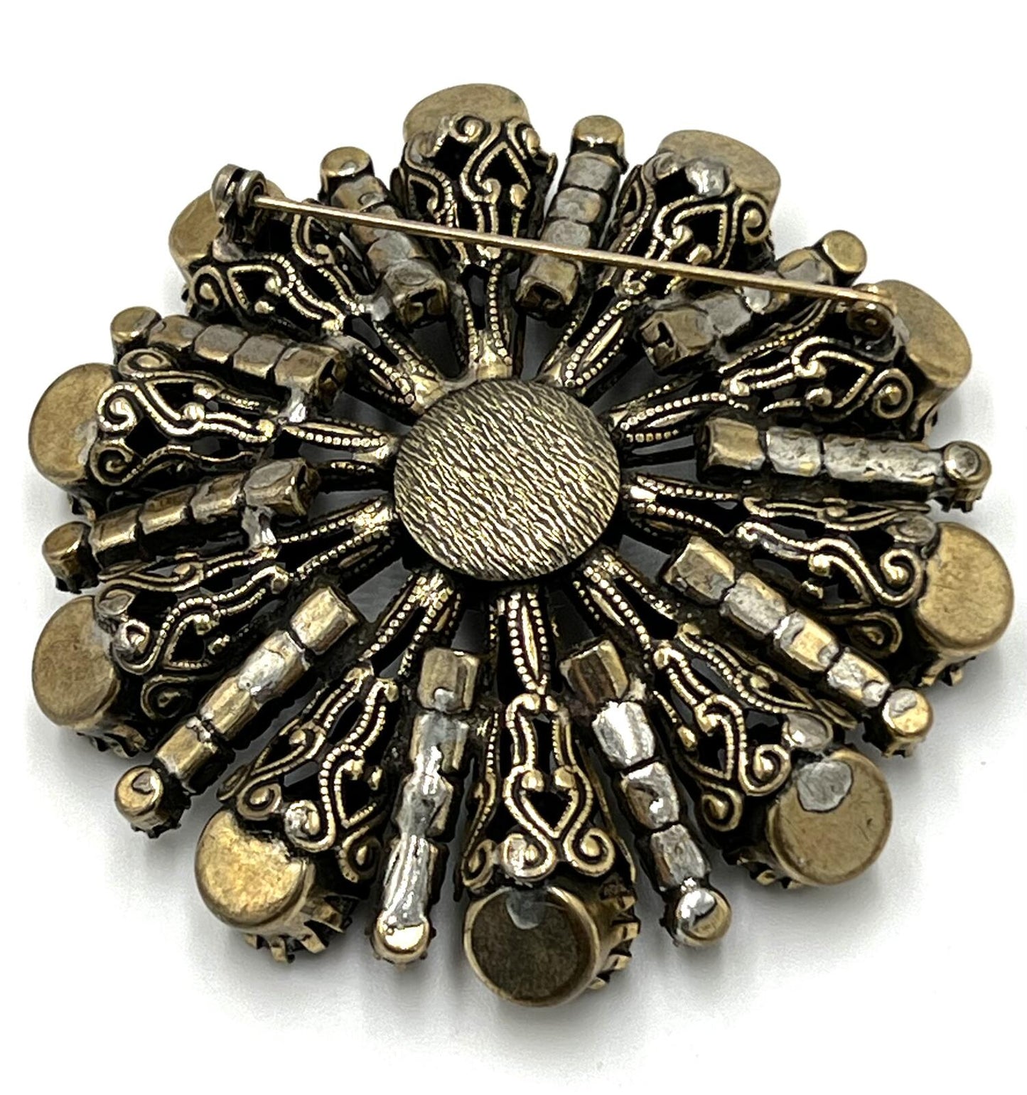 Unsigned Vendome Goldtone Copper Rhinestone Radial/Sunburst Filigree Brooch
