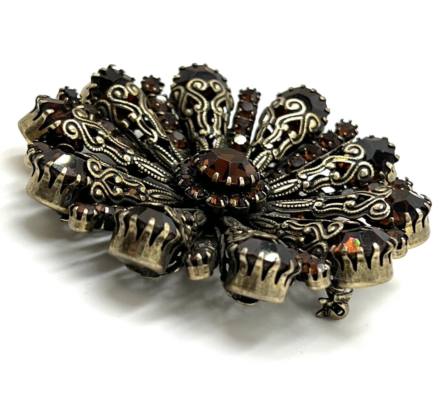 Unsigned Vendome Goldtone Copper Rhinestone Radial/Sunburst Filigree Brooch
