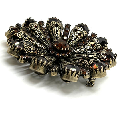 Unsigned Vendome Goldtone Copper Rhinestone Radial/Sunburst Filigree Brooch