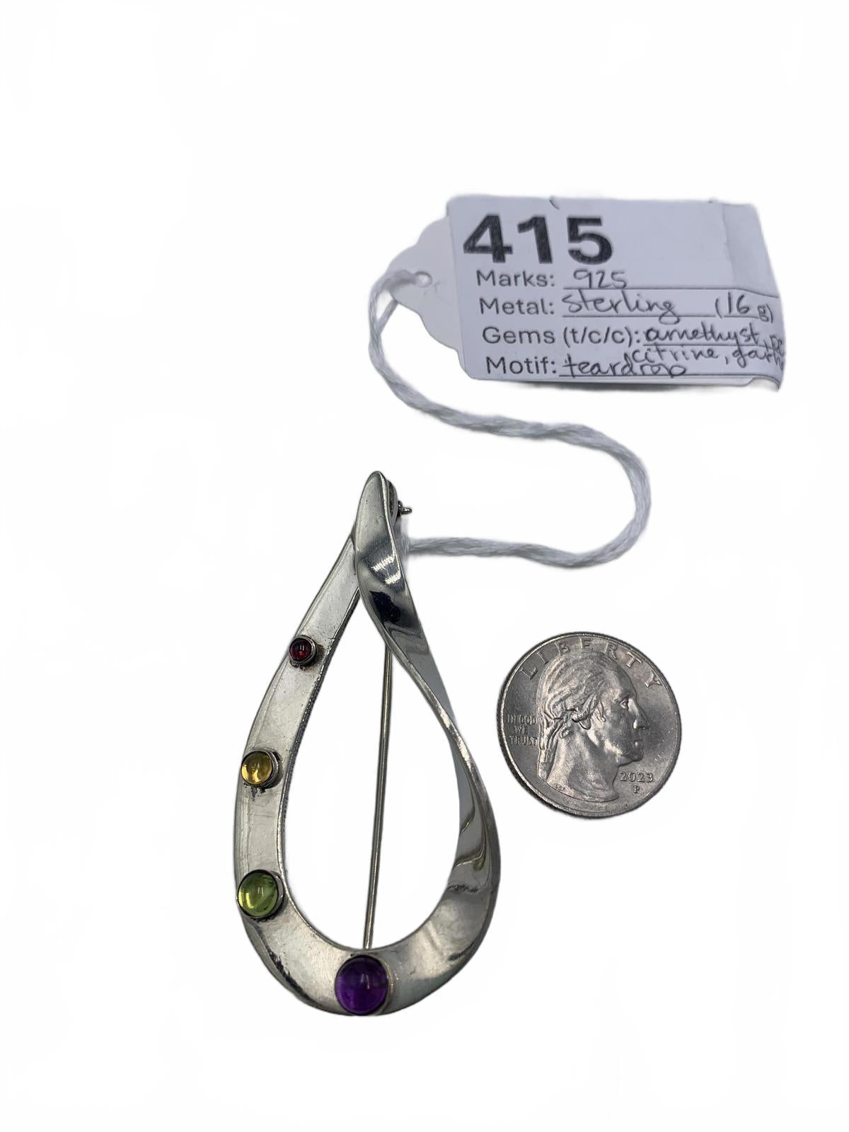 Sterling Silver 16g Amethyst, Peridot, Citrine & Garnet Teardrop Twist 3" Brooch