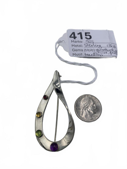 Sterling Silver 16g Amethyst, Peridot, Citrine & Garnet Teardrop Twist 3" Brooch