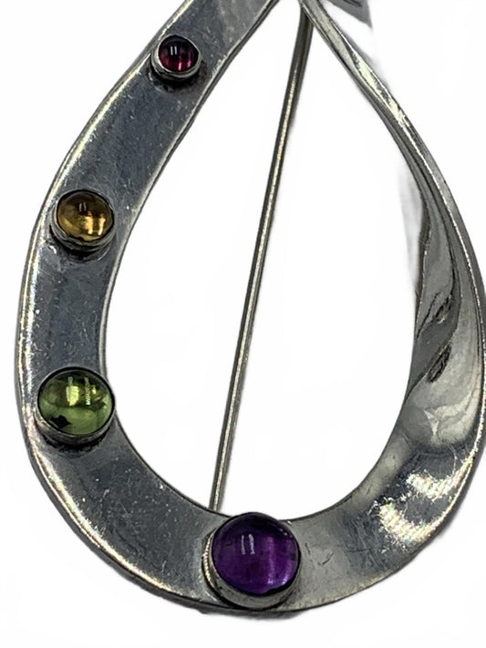 Sterling Silver 16g Amethyst, Peridot, Citrine & Garnet Teardrop Twist 3" Brooch