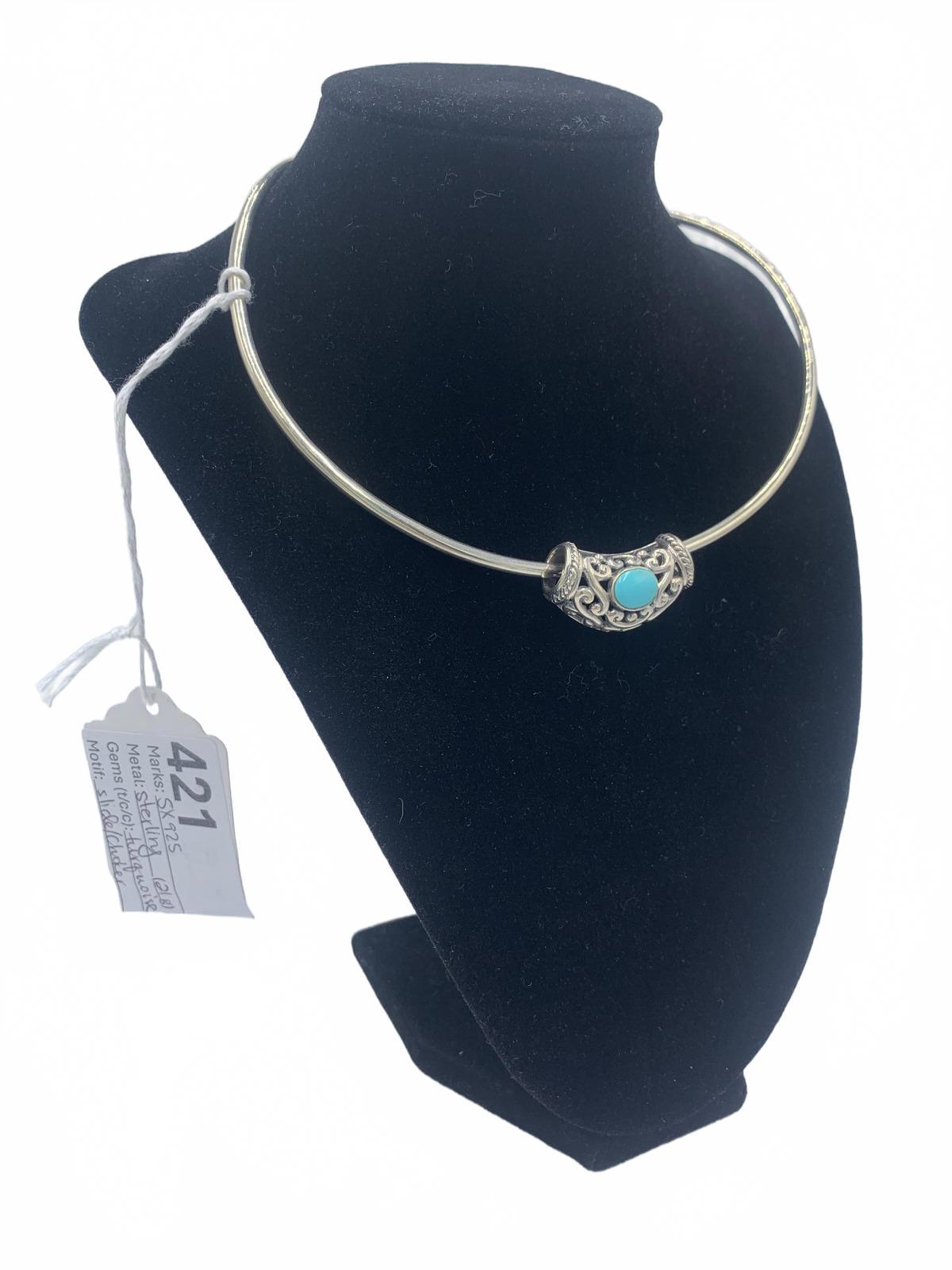 Sterling Silver Filigree & Turquoise Bezel-Set Cabuchon Necklace Enhancer
