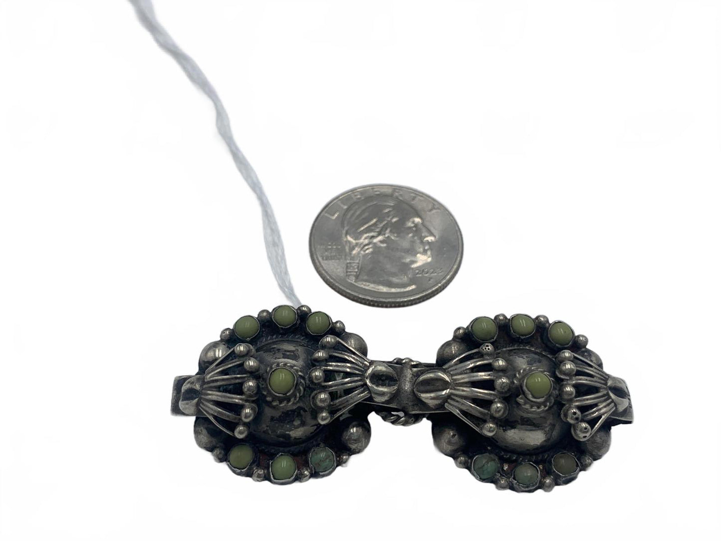 Native Mexico Sterling Silver & Turquoise Cabuchon Ornate Brooch