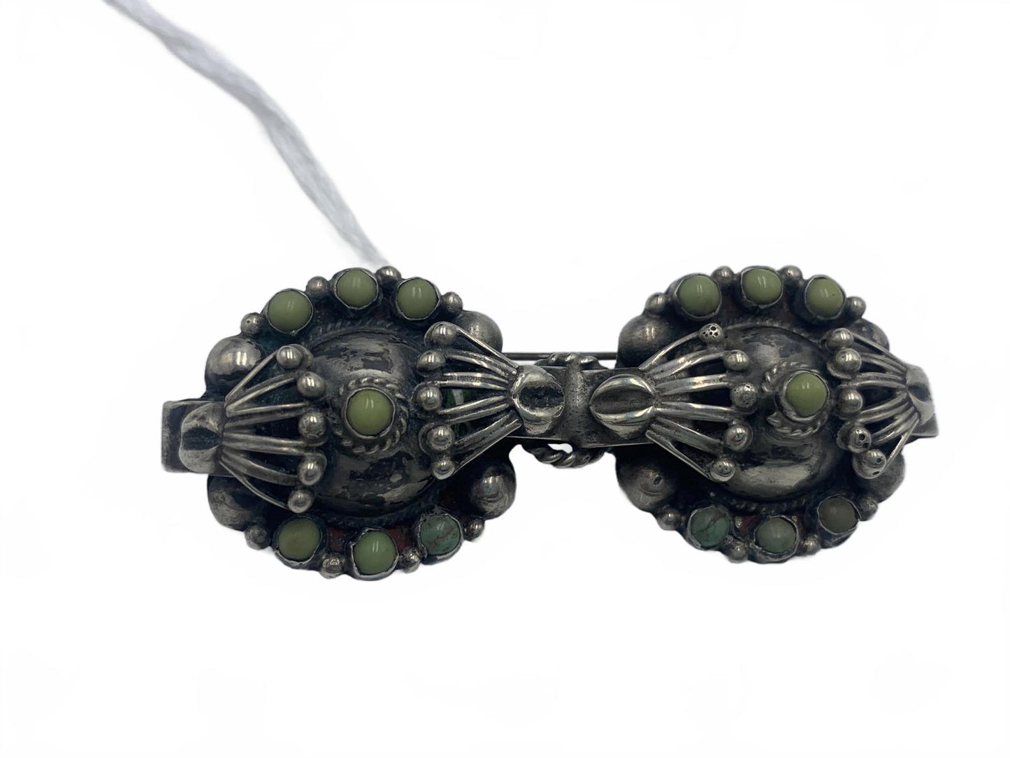 Native Mexico Sterling Silver & Turquoise Cabuchon Ornate Brooch