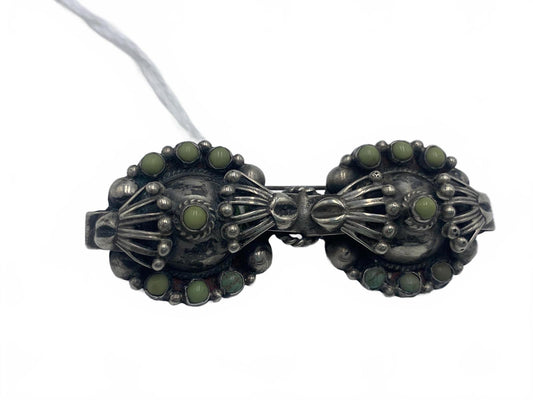 Native Mexico Sterling Silver & Turquoise Cabuchon Ornate Brooch