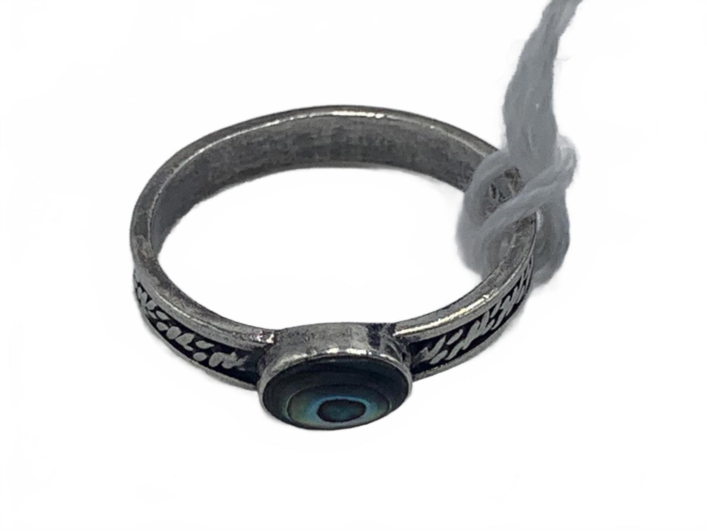 Ornate Sterling Silver Engraved Ring with Bezel-Set Abolone Shell Cabuchon