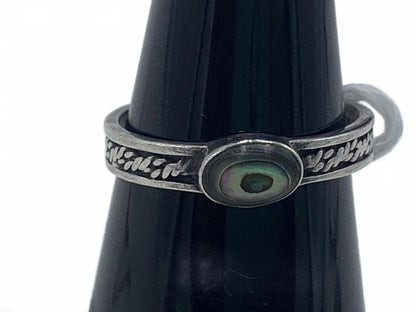 Ornate Sterling Silver Engraved Ring with Bezel-Set Abolone Shell Cabuchon