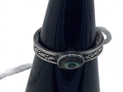 Ornate Sterling Silver Engraved Ring with Bezel-Set Abolone Shell Cabuchon