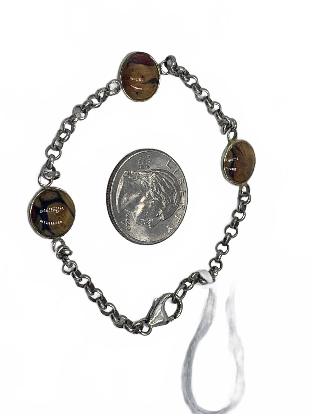 925 Sterling Silver 7g Woodgrain Resin Station Set Chain 7.75" Fine Bracelet