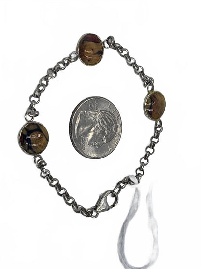 925 Sterling Silver 7g Woodgrain Resin Station Set Chain 7.75" Fine Bracelet