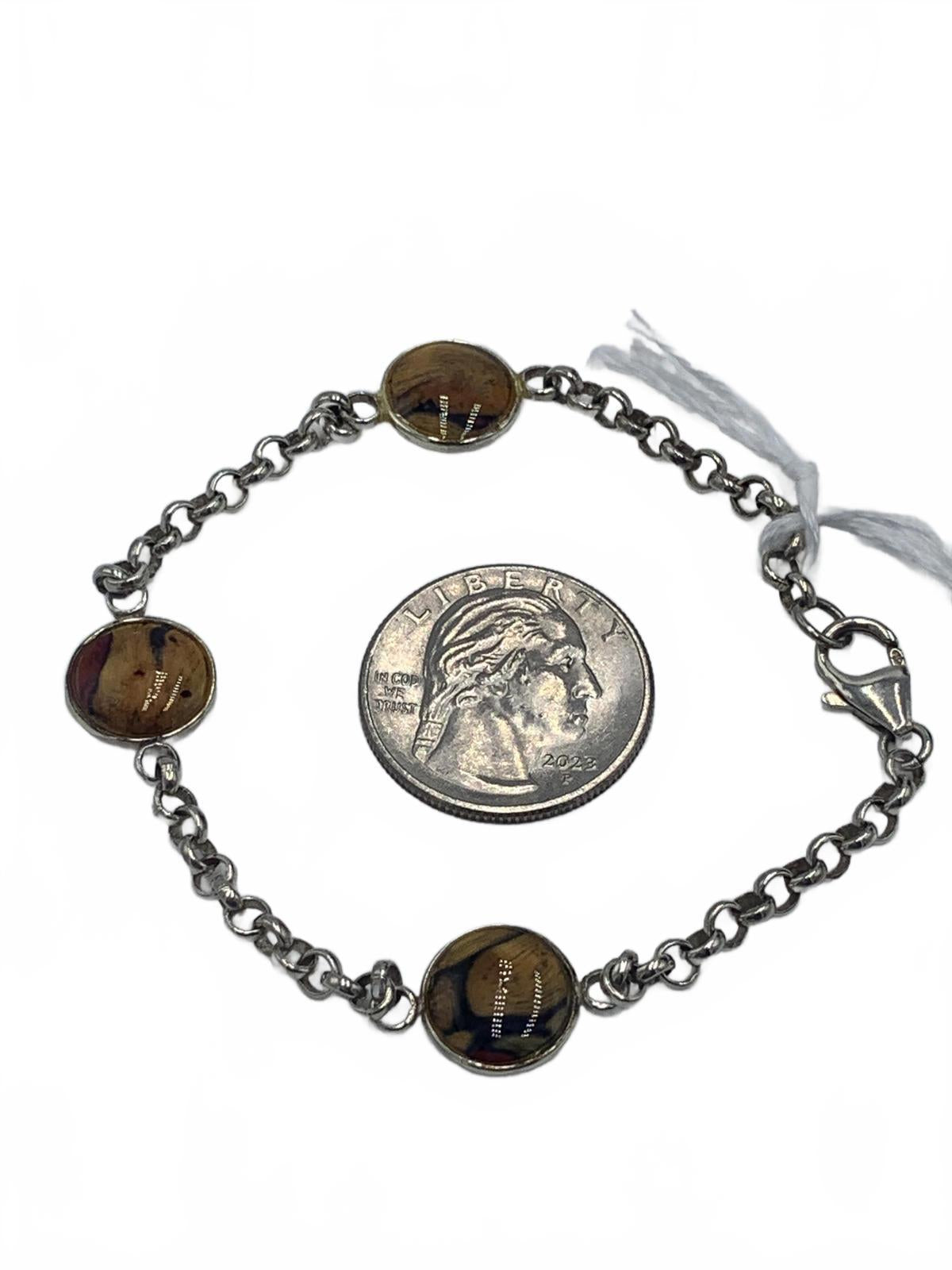 925 Sterling Silver 7g Woodgrain Resin Station Set Chain 7.75" Fine Bracelet