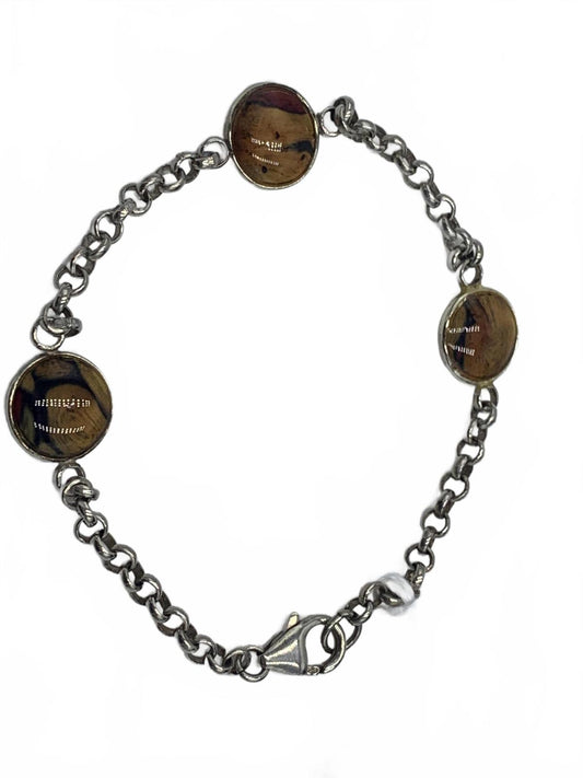 925 Sterling Silver 7g Woodgrain Resin Station Set Chain 7.75" Fine Bracelet