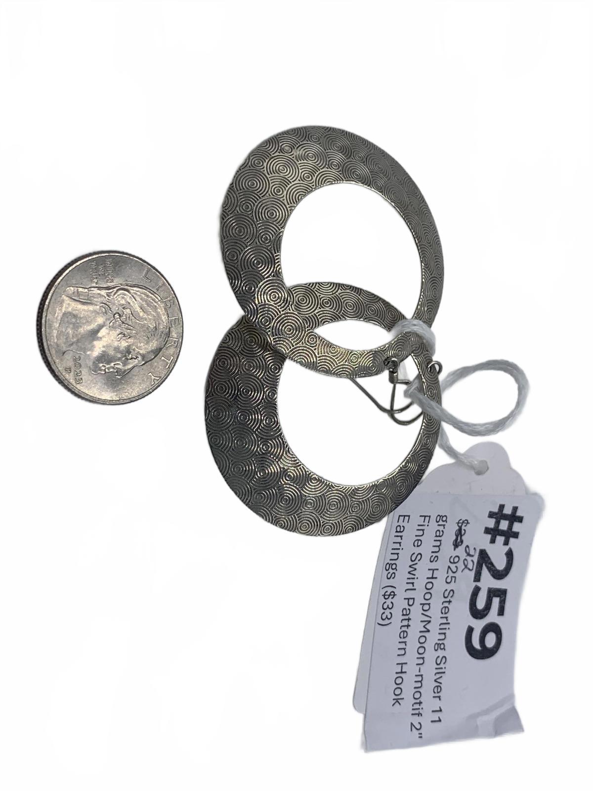 Sterling Silver Half-Moon Swirl Texture Hoop Earrings with Hooks