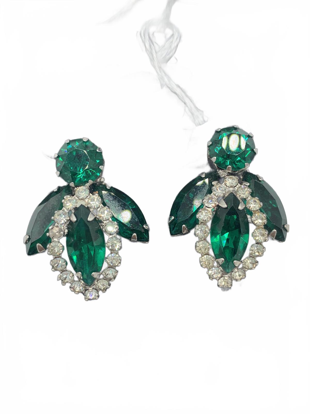 Weiss Silvertone White & Green Rhinestone Abstract 1.25" Clip-On Earrings