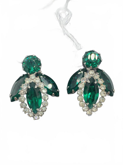 Weiss Silvertone White & Green Rhinestone Abstract 1.25" Clip-On Earrings