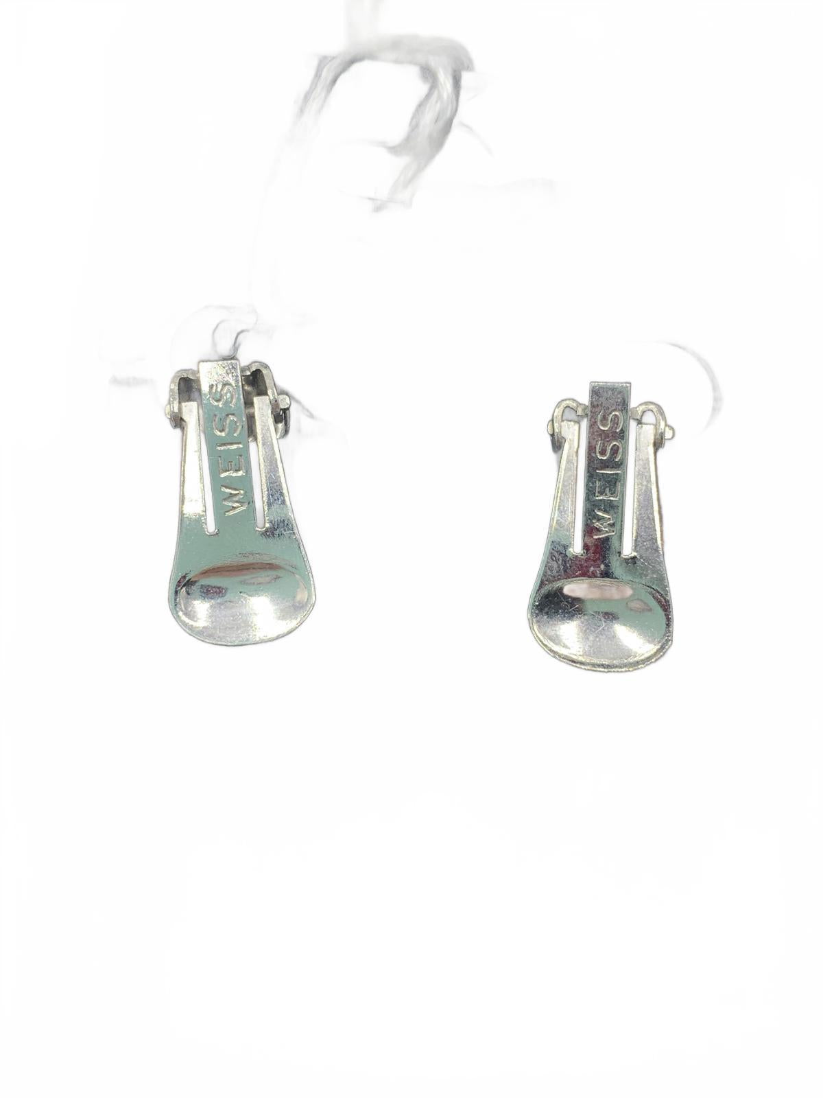 Weiss Silvertone White & Green Rhinestone Abstract 1.25" Clip-On Earrings