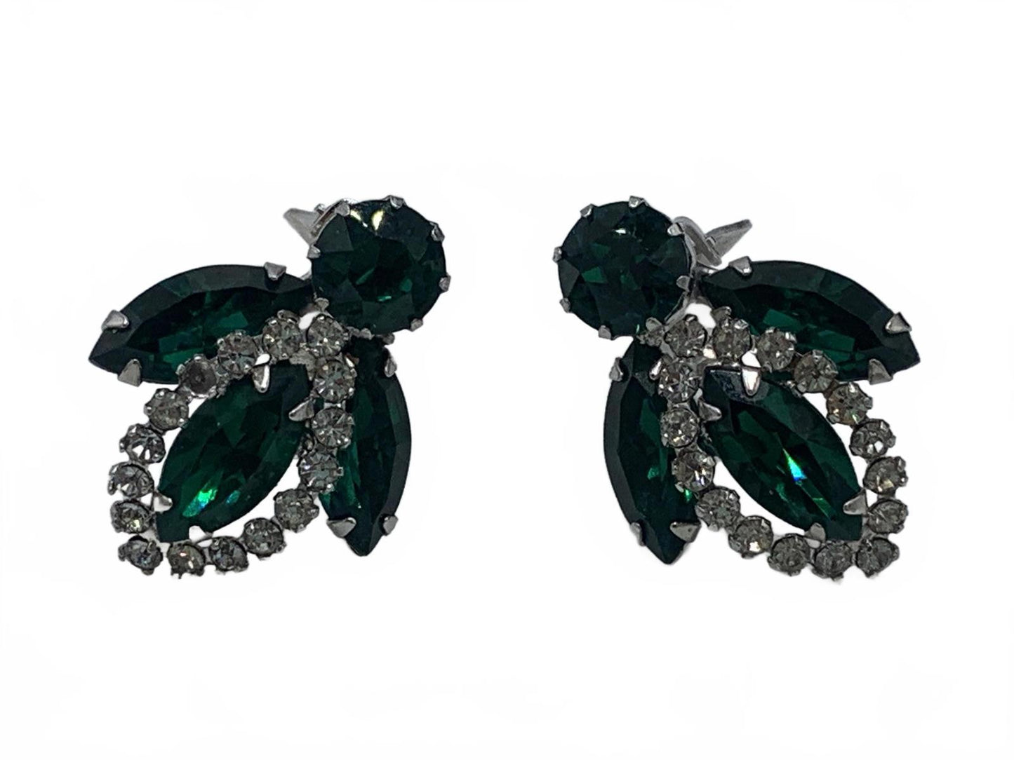 Weiss Silvertone White & Green Rhinestone Abstract 1.25" Clip-On Earrings