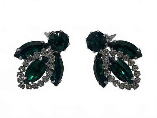 Weiss Silvertone White & Green Rhinestone Abstract 1.25" Clip-On Earrings