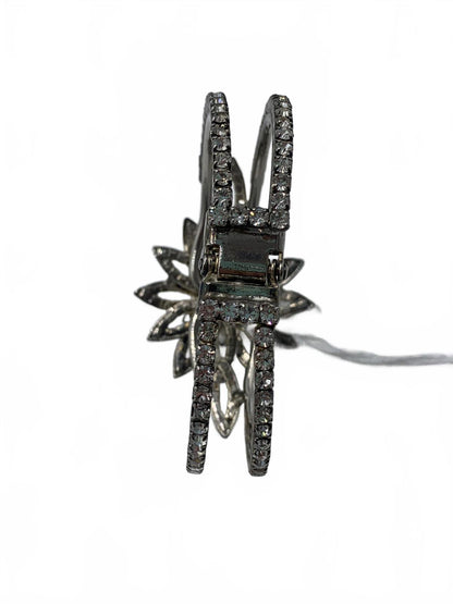 Unsigned Silvertone White Rhinestone Floral/Sunburst 6.75" Hinged Clamp Bracelet