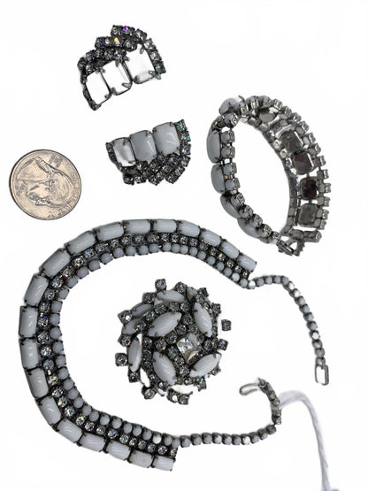 Silvertone Milk glass Parure 4-pc Set (necklace, bracelet, earrings, brooch)