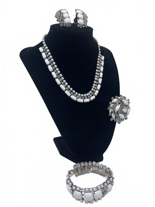 Silvertone Milk glass Parure 4-pc Set (necklace, bracelet, earrings, brooch)