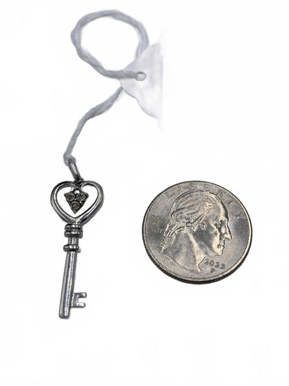 925 Sterling Silver 2.3g Diamonds Heart-Key 1.25" Fine Charm/Pendant