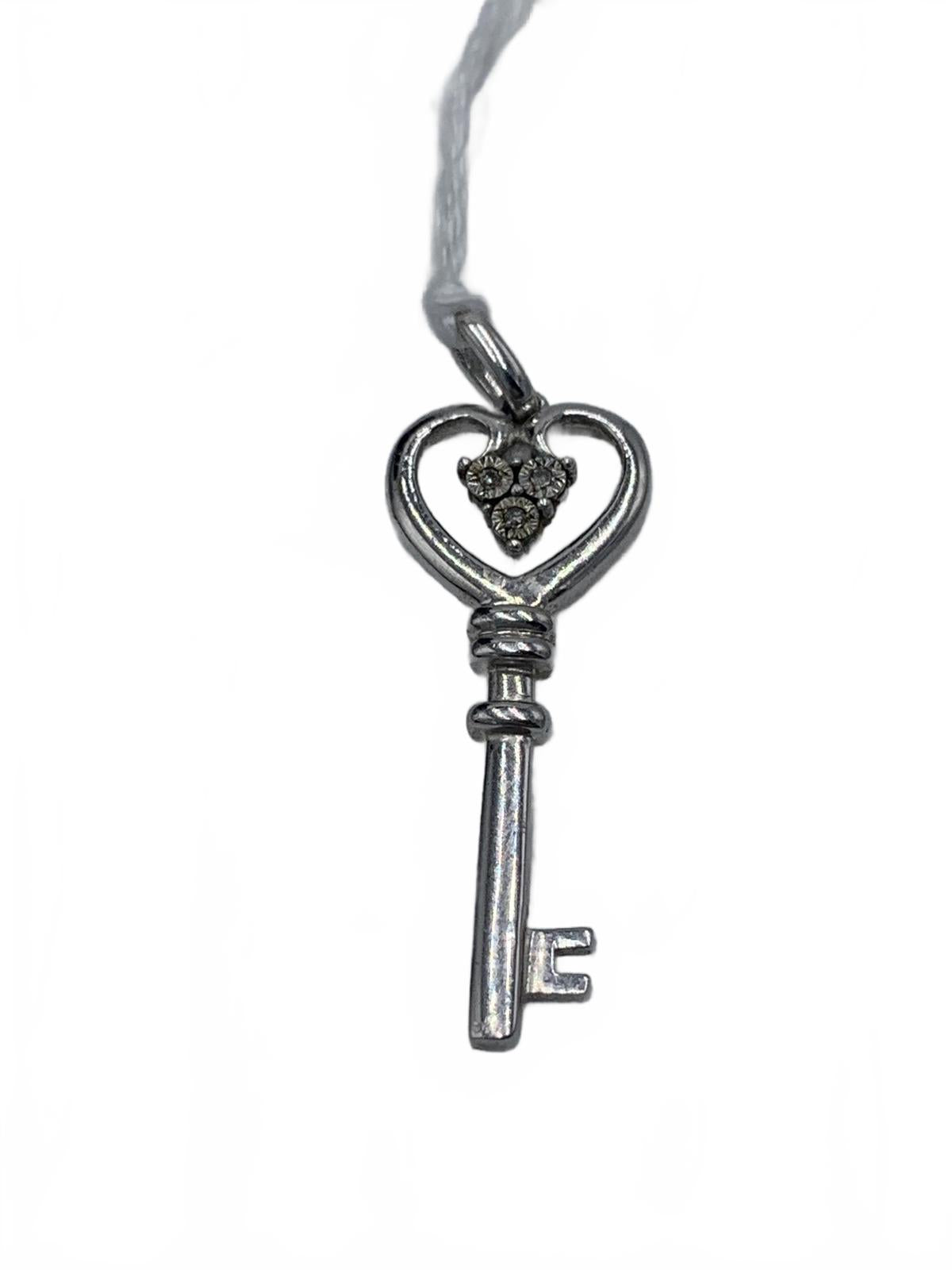 925 Sterling Silver 2.3g Diamonds Heart-Key 1.25" Fine Charm/Pendant
