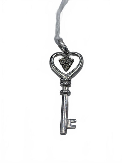 925 Sterling Silver 2.3g Diamonds Heart-Key 1.25" Fine Charm/Pendant