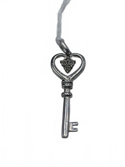 925 Sterling Silver 2.3g Diamonds Heart-Key 1.25" Fine Charm/Pendant