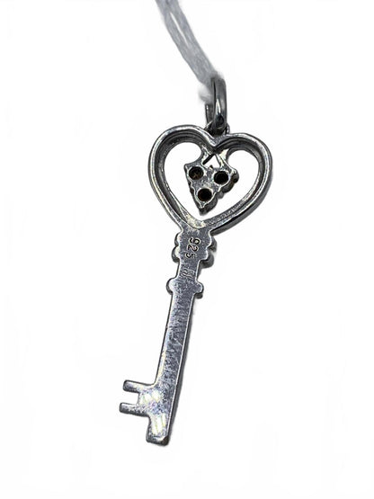 925 Sterling Silver 2.3g Diamonds Heart-Key 1.25" Fine Charm/Pendant