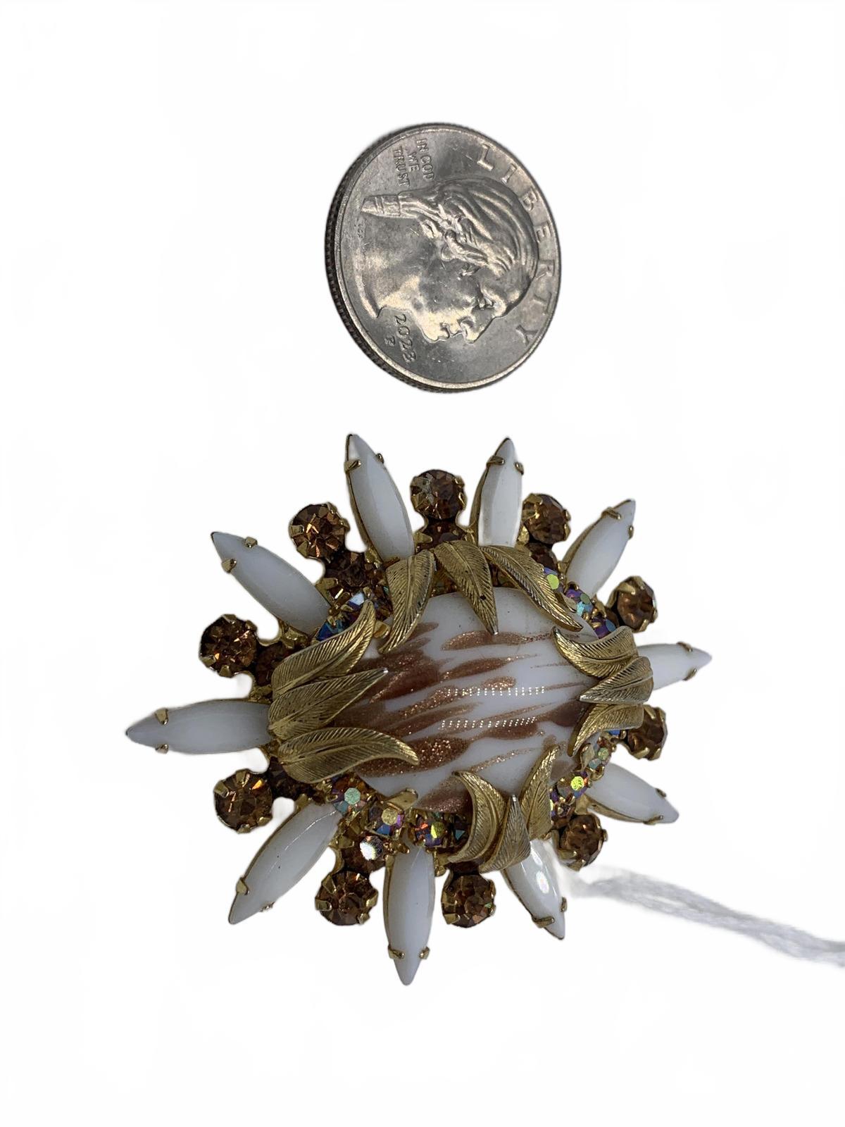 Juliana Goldtone Copper Rhinestone & Faux Opal Floral Copper Floss CJ Brooch