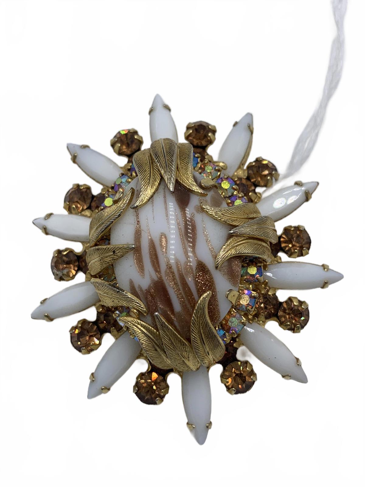 Juliana Goldtone Copper Rhinestone & Faux Opal Floral Copper Floss CJ Brooch