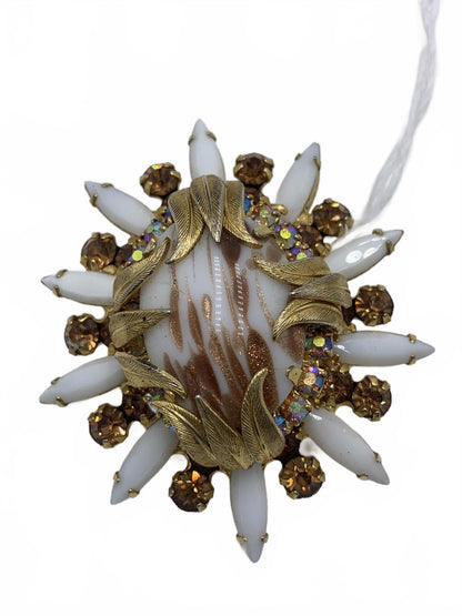 Juliana Goldtone Copper Rhinestone & Faux Opal Floral Copper Floss CJ Brooch