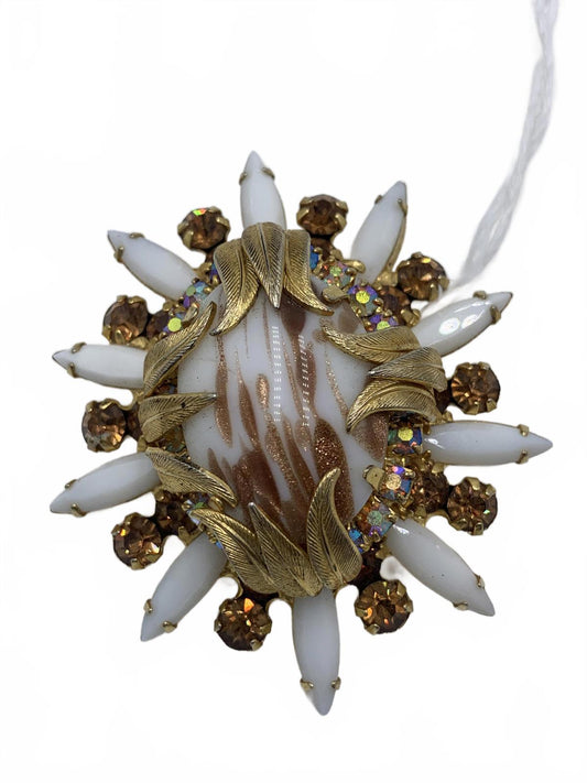 Juliana Goldtone Copper Rhinestone & Faux Opal Floral Copper Floss CJ Brooch