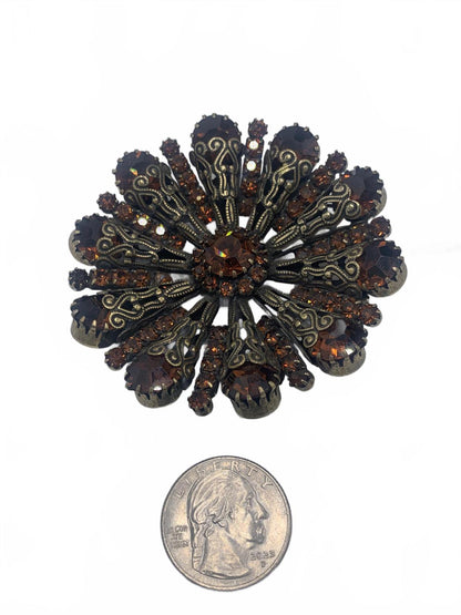 Unsigned Vendome Goldtone Copper Rhinestone Radial/Sunburst Filigree Brooch