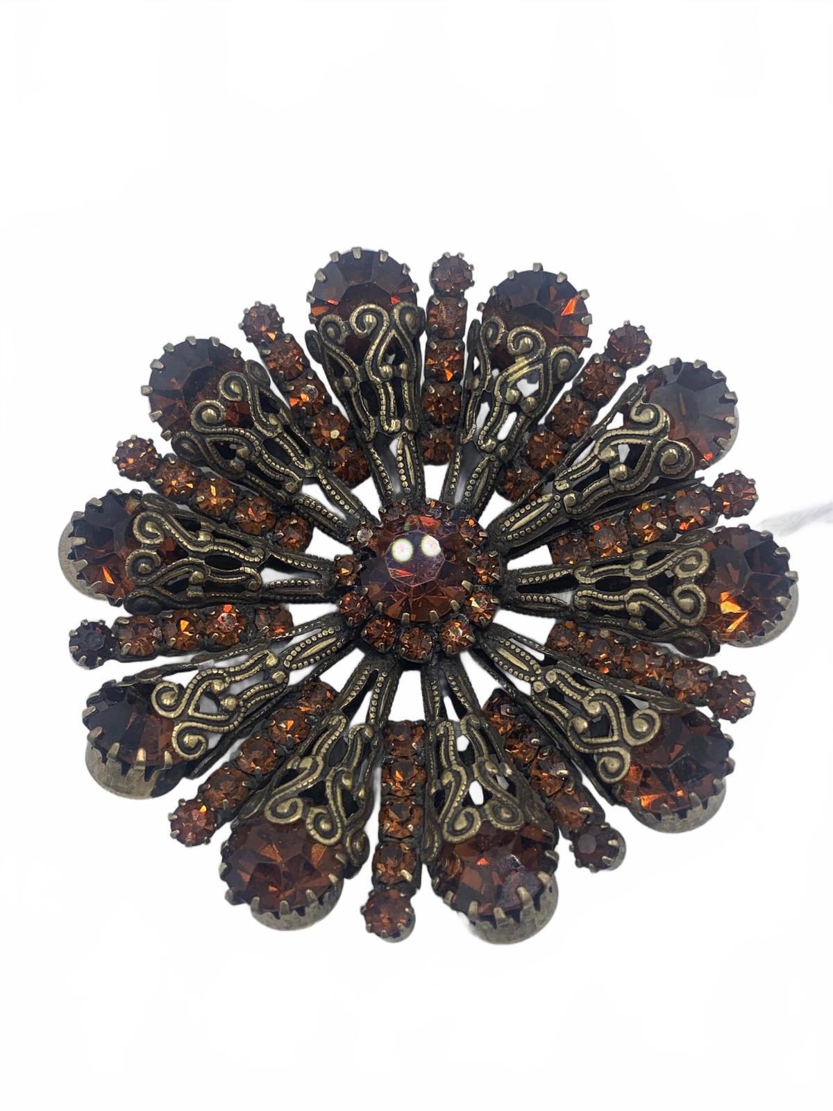 Unsigned Vendome Goldtone Copper Rhinestone Radial/Sunburst Filigree Brooch